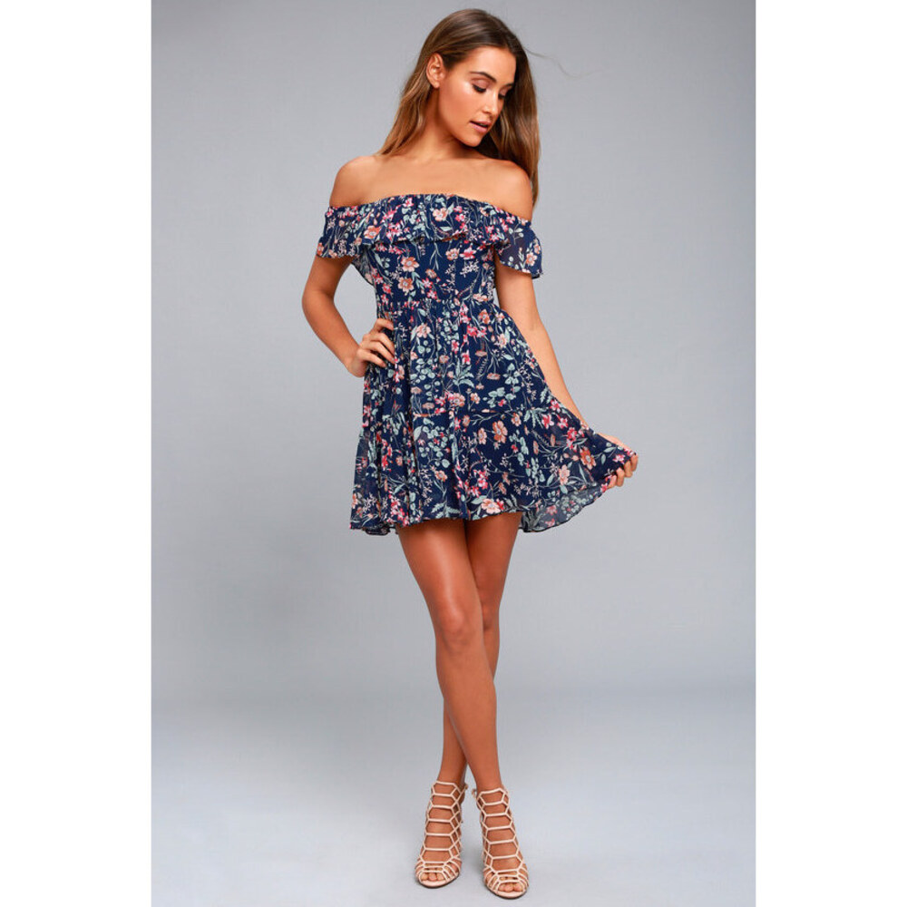 Like New • Lulus • Navy Blue Floral Print Off-the-shoulder Dress - Size S